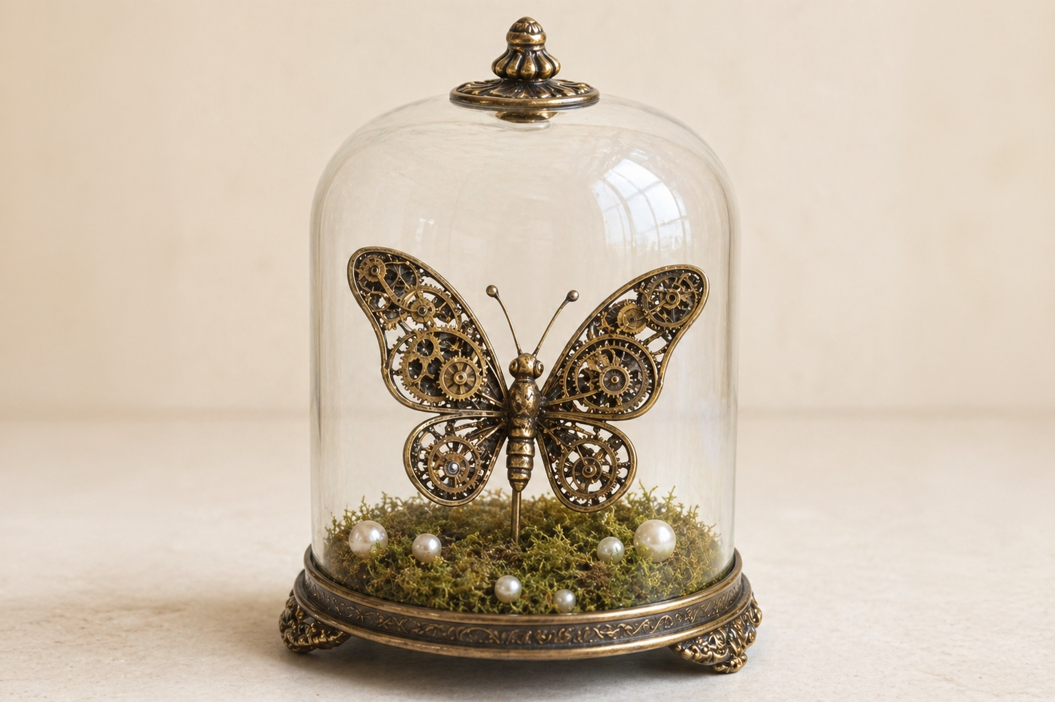 Glass cloche with a brass gear butterfly, pearls, moss, clock hands, and blue glow.