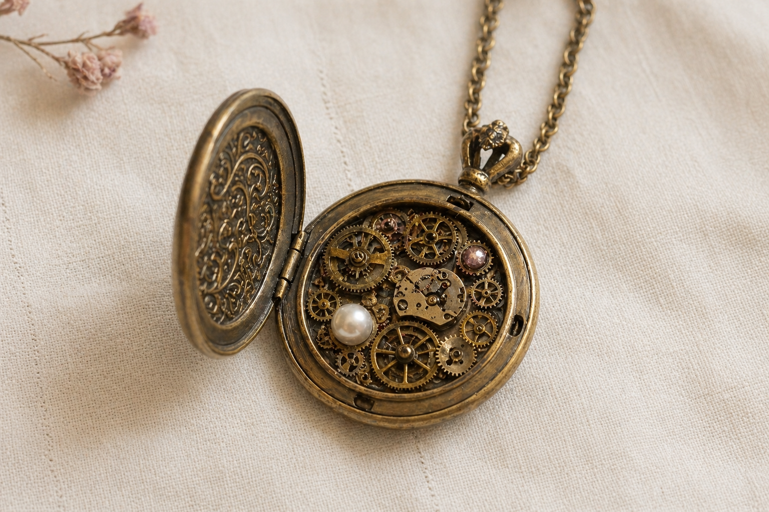 Vintage brass locket with tiny gears, pearls, petals, and a glass vial.